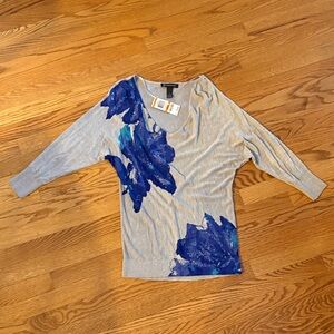 INC International Concepts Long Sleeve Gray Top with Blue Floral Design